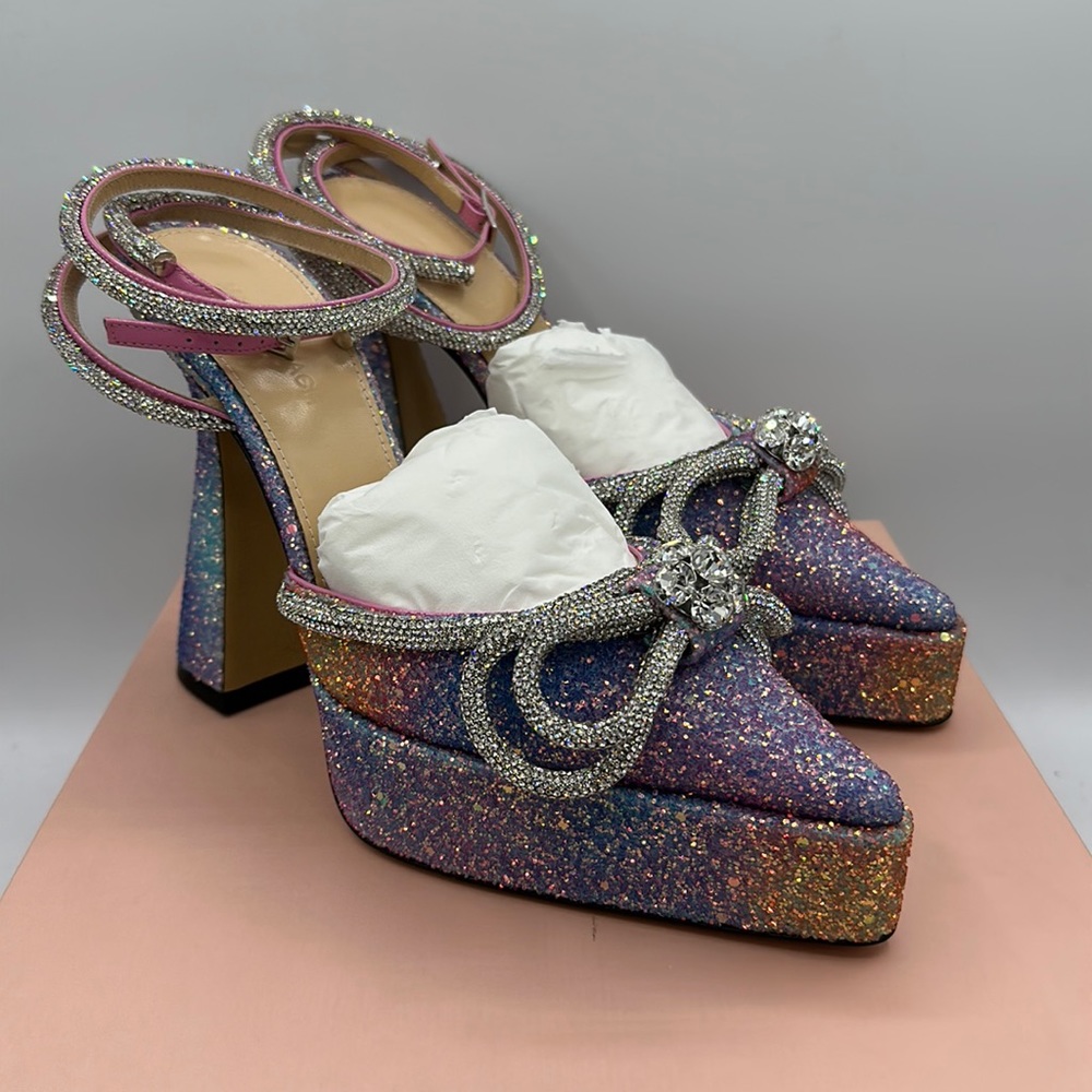 Mach & Mach Double Bow Platform Pump Galaxy Glitter Crystals Size 39.5 / 9.5 US